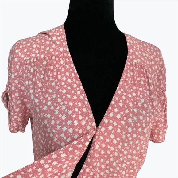 & Other Stories Pink Floral V Neck Wrap Midi Dress Ruched Puffed Sleeves SZ 6 - Picture 8 of 14